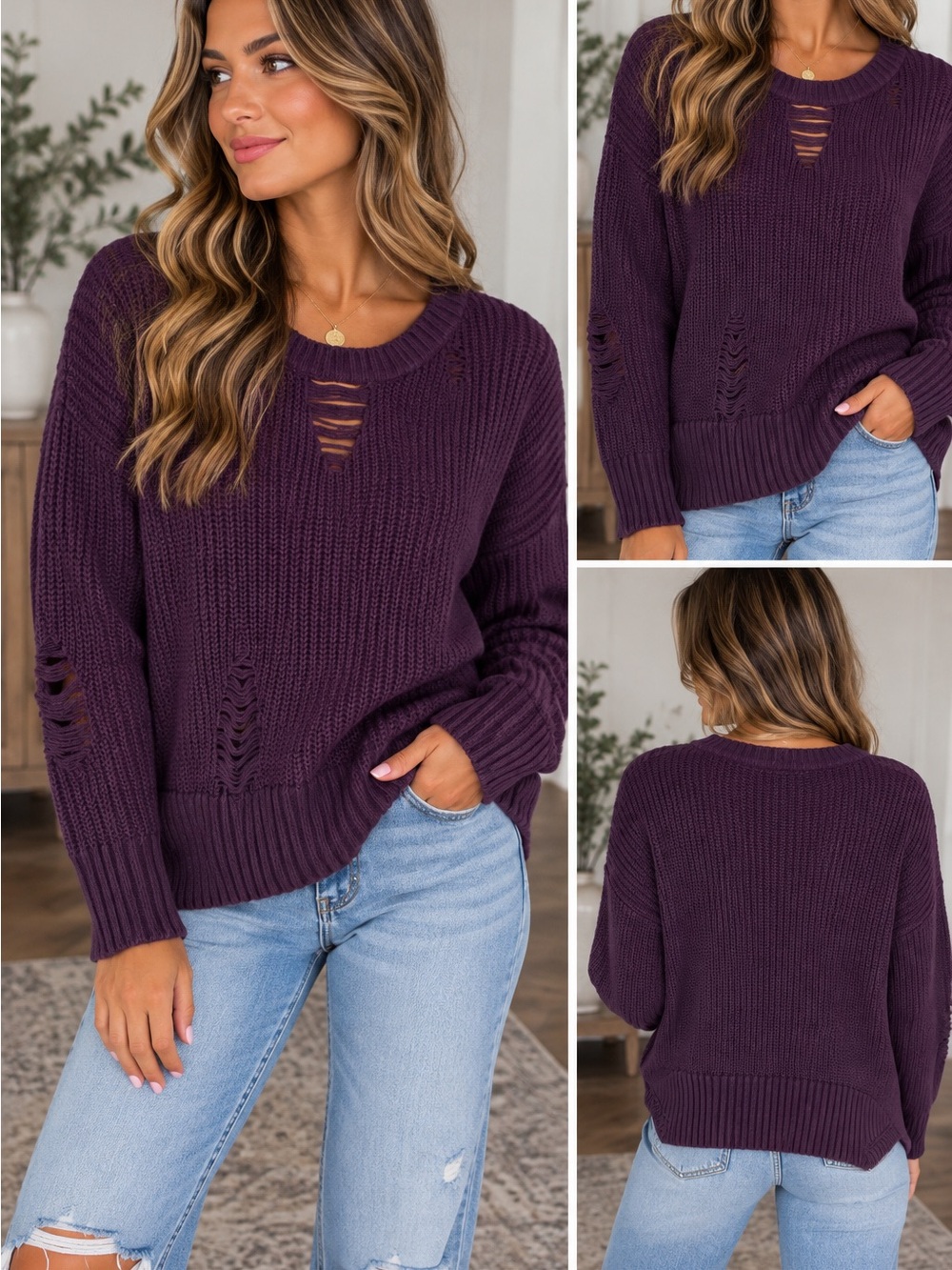 Women's Distressed Knit Sweater Dark Purple Grungecore Cozy Chunky.  Size Small